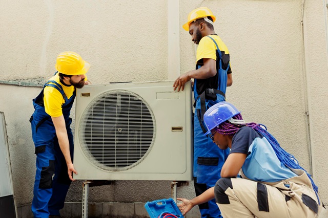 technicians installing an air conditioner