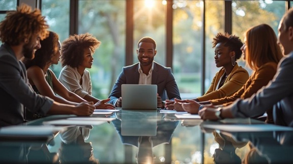 Diverse team collaborating purposefully.