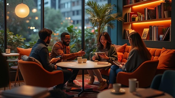 Cozy office teamwork scene.