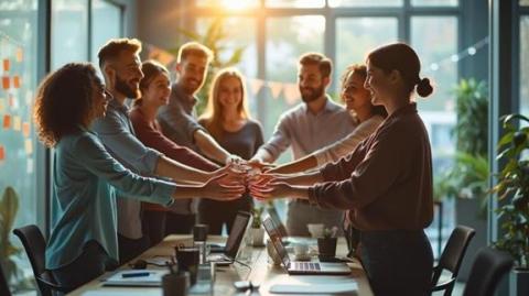 Diverse colleagues unite hand-in-hand.