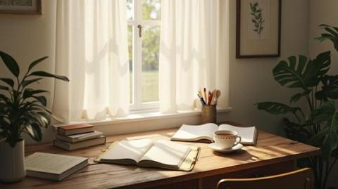 Sunlit study room serenity.